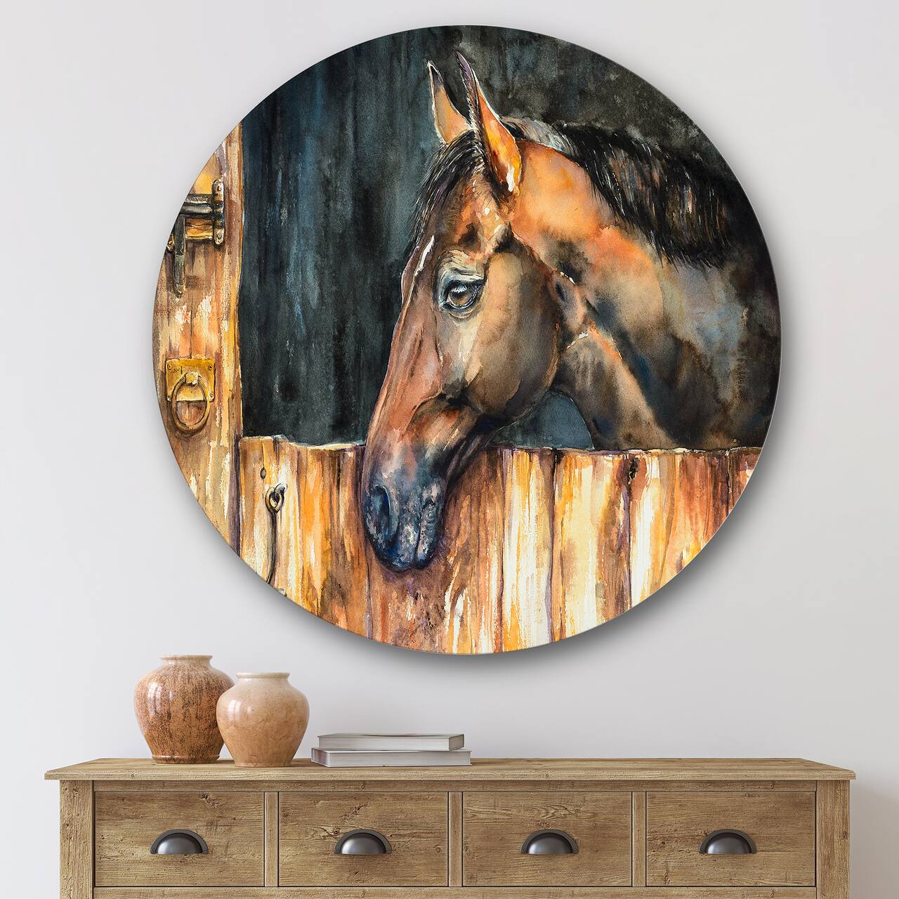 Designart - The Head of A Horse In Stable - Farmhouse Metal Circle Wall Art